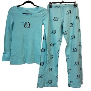 HUE Women's size small Thermal warm 2 piece Pajama Set - Aqua Penguin Design